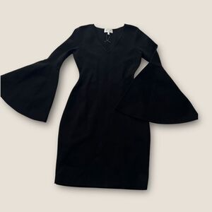 MILLY Black Bell Sleeve Cocktail Mini-Dress Elegant V-Neck Party Evening Formal
